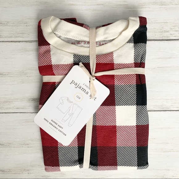 Burts Bees Red / Black Buffalo Plaid Organic Cotton Long Sleeve Tee Pajama Set - Picture 1 of 6